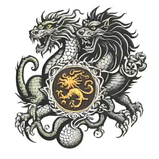 dragon and lion and toses tattoo design idea