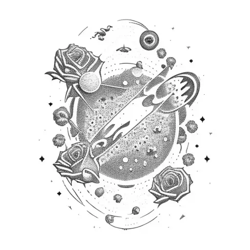 A cosmic landscape with a guitar-shaped meteor crashing into a field of roses tattoo design idea