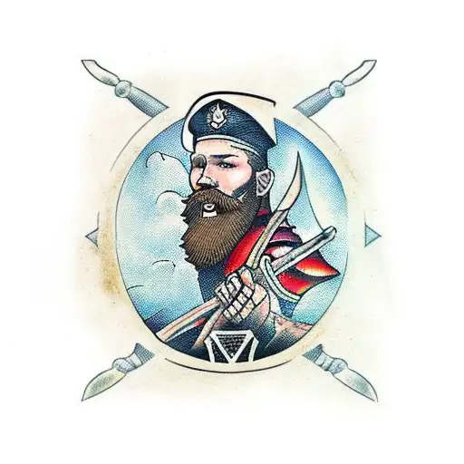 red bearded guard with shield and spear tattoo design idea