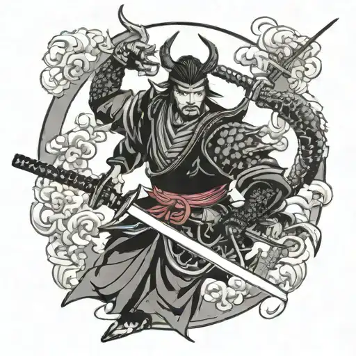 samurai with 3 sword black dragon surrounding tattoo design idea