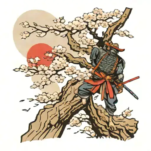 Japanese temple samurai climbing with Sakura tree tattoo design idea
