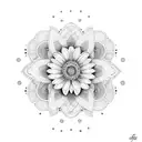 A dotwork tattoo design featuring a stylized Borboleta do manaca and Gerbera flowers in a geometric pattern tattoo design idea