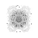 A dotwork tattoo design featuring a stylized Borboleta do manaca and Gerbera flowers in a geometric pattern tattoo design idea