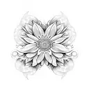 A dotwork tattoo design featuring a stylized Borboleta do manaca and Gerbera flowers in a geometric pattern tattoo design idea