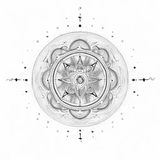 A mesmerizing mandala design incorporating symbols of science, philosophy, and music, with a majestic tree at its center tattoo design idea