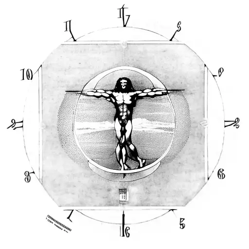 Leonardo da Vinci’s vitruvian man with a clock behind on off center to the right with time clock showing at 5 o’clock tattoo design idea