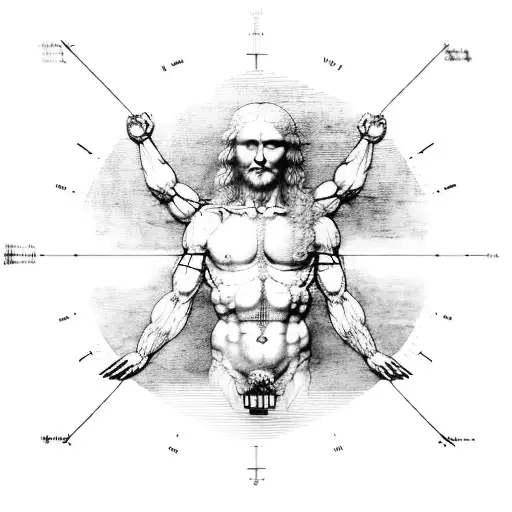 Leonardo da Vinci’s vitruvian man next to a clock  tattoo design idea