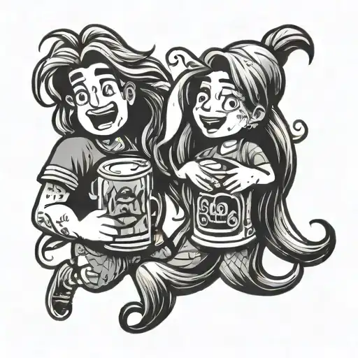 One Can of beer and one can of coke with long hair hugging and smiling to each other.Cartoon tattoo design idea