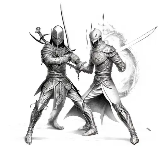 Good And Evil Fighting represented as swordsmans with flame swords And Between Them Is supernatural strong power glowing tattoo design idea