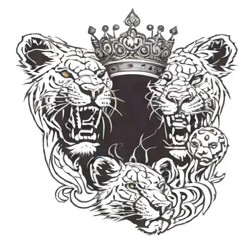 lioness and 3 cub faces bloody mouth with crown on head  tattoo design idea