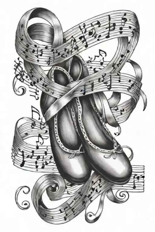 pointe shoe ribbons but make them bars of music notes tattoo design idea