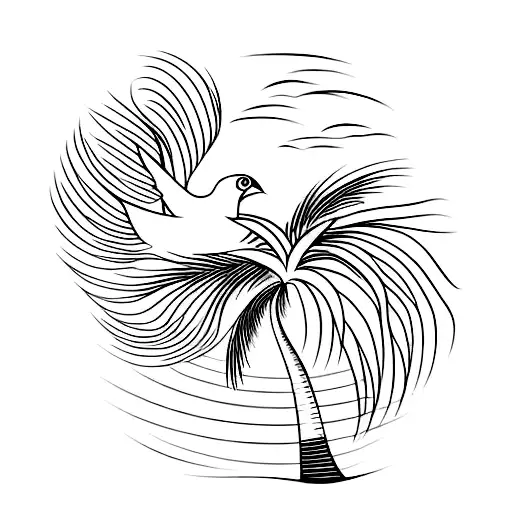 A minimalist tattoo of a tropical bird flying over a palm tree on a beach tattoo design idea