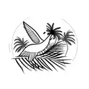A minimalist tattoo of a tropical bird flying over a palm tree on a beach tattoo design idea
