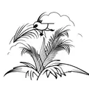 A minimalist tattoo of a tropical bird flying over a palm tree on a beach tattoo design idea