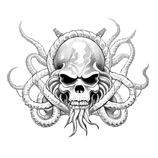 kraken with a pirate ship over a bed of skulls tattoo design idea