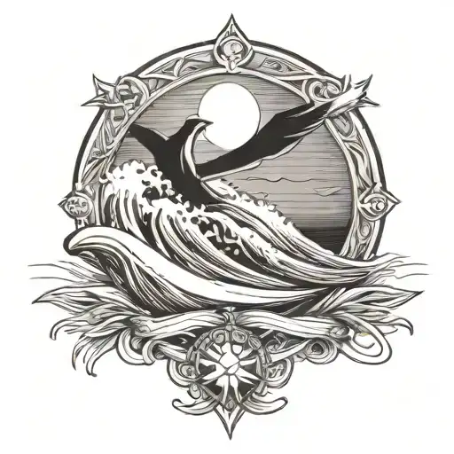 PLAGE AVEC UNE PETITE PLANCHE DE SURF AUTOUR D'UN ROND. AU DESSUS IL Y A UNE CROIX CHRETIENNE ET DES AILES D'ANGE tattoo design idea