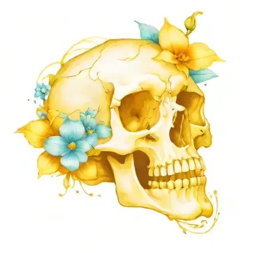 a jawless skull, with blue flaming heart eyes, holding flowers with stems  tattoo design idea