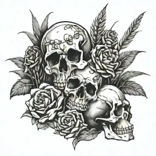 RIP forever remember never forgotten skulls, flowers an wheat field tattoo design idea