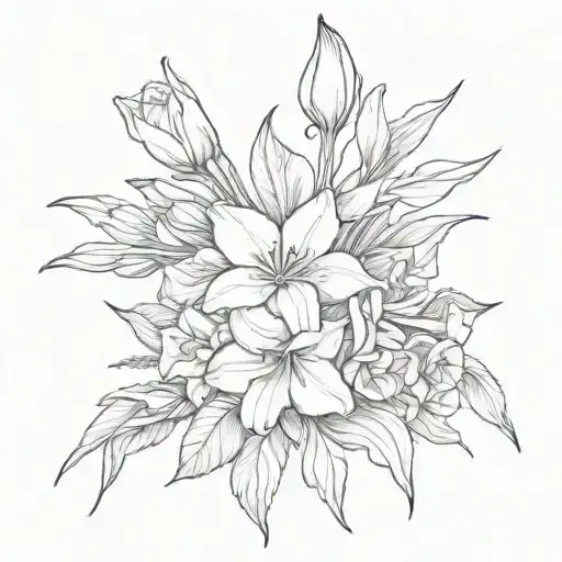 fine line bouquet, one daffodil, one rose, one morning glory, one gladiolus tattoo design idea