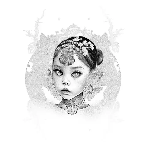 A portrait of the client's daughter surrounded by intricate china patterns tattoo design idea