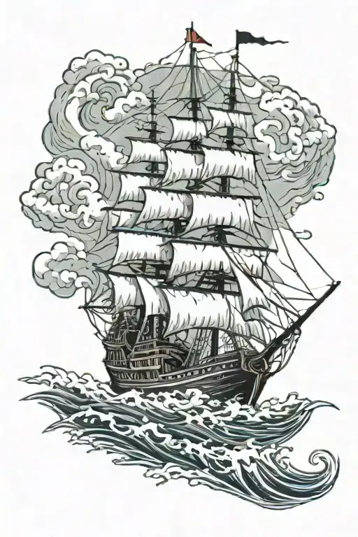 Ghost pirate ship in storm with a sea monster emerging tattoo design idea