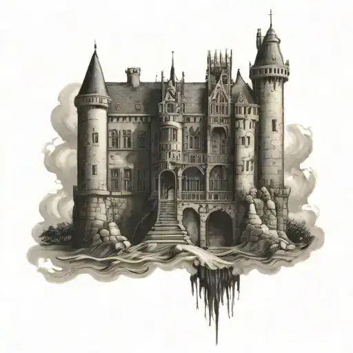 A black-grey tattoo of a historic castle with elements of engineering incorporated into the design tattoo design idea