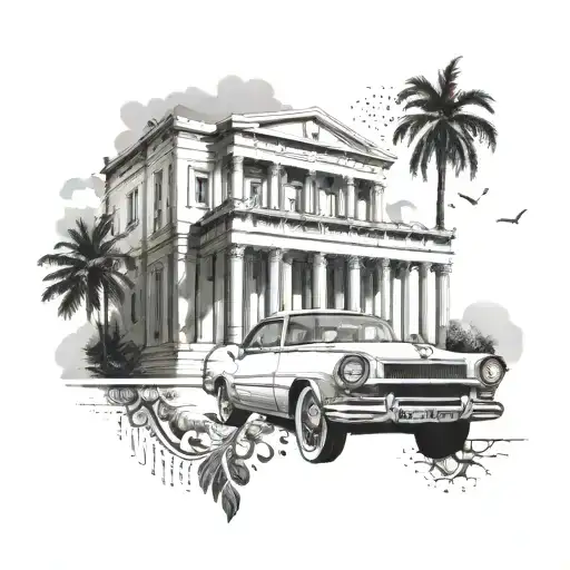 Incorporate Greek architecture and classic car designs in a tattoo that symbolizes the client's passion for both interests tattoo design idea