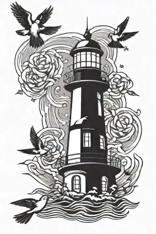 light house with 3 doves and 3 stars tattoo design idea