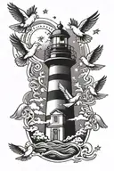 light house with 3 doves and 3 stars tattoo design idea