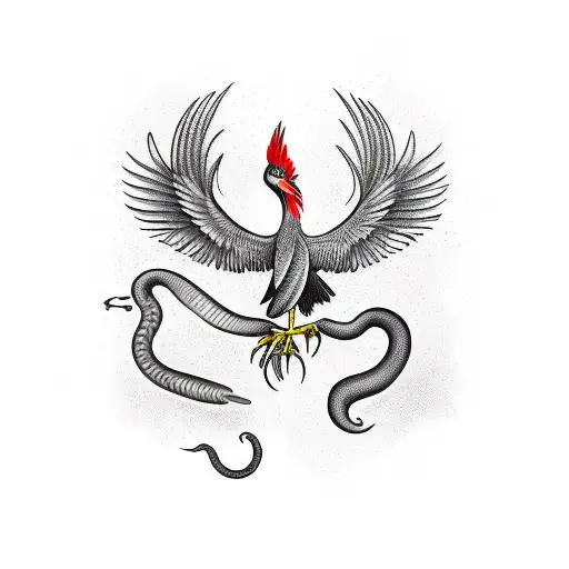 Tattoo of a secretary-bird in old-school style on the forearm, depicted in whole length and tall feet with a snake in be tattoo design idea