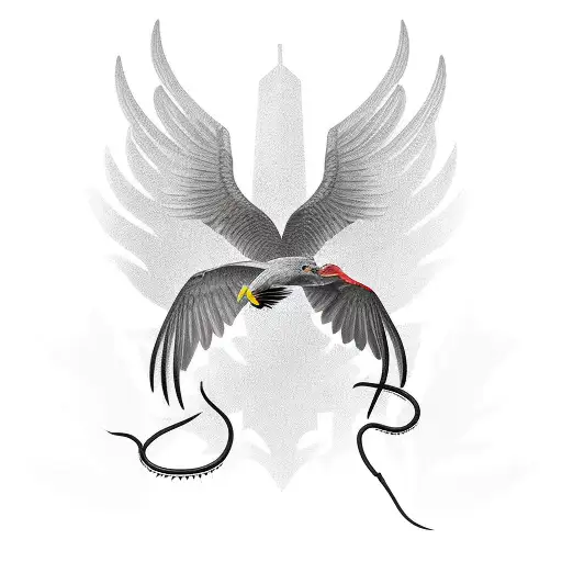 Tattoo of a secretary-bird in old-school style on the forearm, depicted in whole length and tall feet with a snake in be tattoo design idea