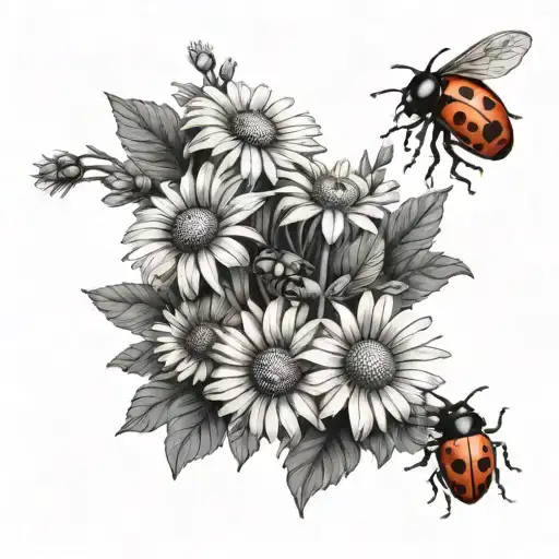 A realistic black and grey tattoo of a beautiful bouquet of daisies intertwined with ladybugs, inspired by classic paintings tattoo design idea