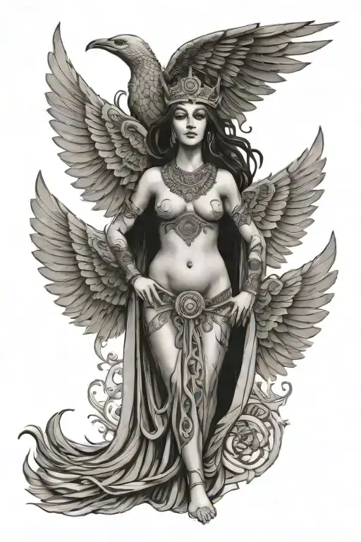 Isis goddess nude wings covering chest and crotch tattoo design idea