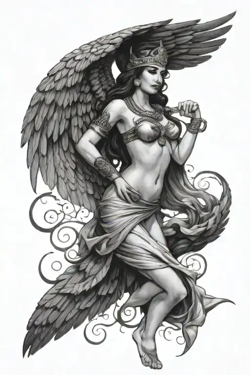 Isis goddess, nude pin up. Wings instead of arms. Right wing covering chest. Left wing covering pubic area.  tattoo design idea