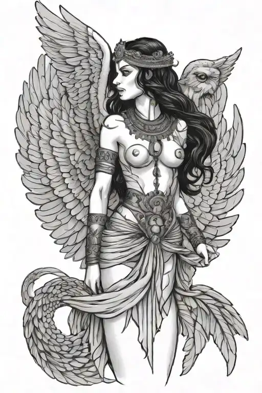 Isis goddess, nude. Wings instead of arms. Right wing covering chest. Left wing covering pubic area.  tattoo design idea
