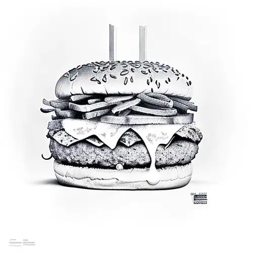 A realistic portrait of a burger king burger with the date of their 10 year anniversary incorporated into the design tattoo design idea