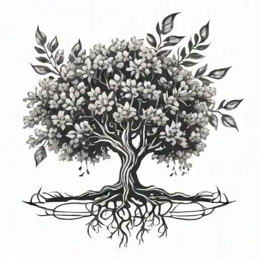 Modern, detailed tattoo of a whole Rowan tree. The roots are arrows.  tattoo design idea