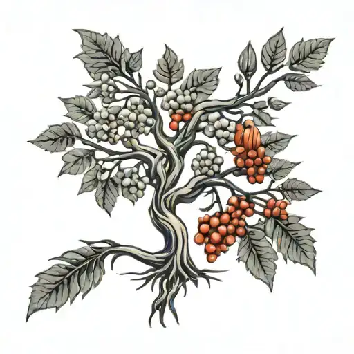 Modern, detailed tattoo of a whole Rowan tree. Medieval arrows for tree roots.  tattoo design idea