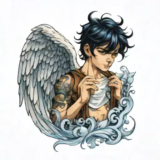 angel boy with black hair and dark blue eyes tattoo design idea