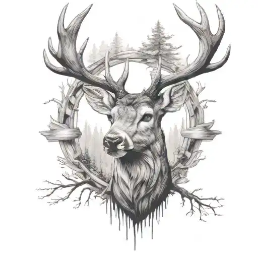 A deer head facing onwards on the upper arm with a wood design tattoo design idea