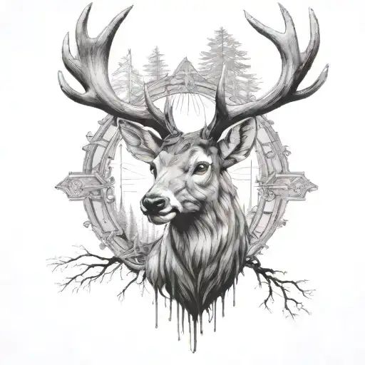 A deer head facing onwards wood   tattoo design idea