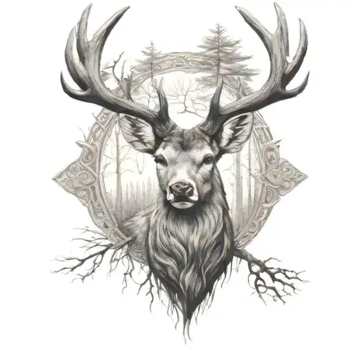 A deer head facing onwards wood carving   tattoo design idea