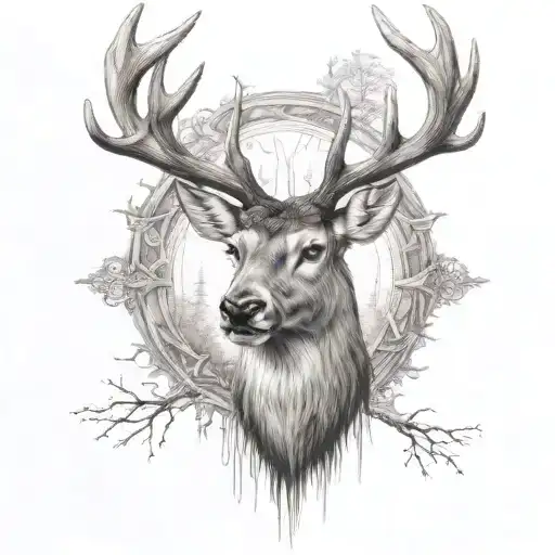 wooden design of  A deer head facing onwards tattoo design idea