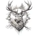 A deer head facing onwards on the upper arm with a wood design tattoo design idea