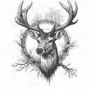 A deer head facing onwards on the upper arm with a wood design tattoo design idea