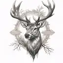 A deer head facing onwards on the upper arm with a wood design tattoo design idea