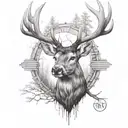 A deer head facing onwards on the upper arm with a wood design tattoo design idea