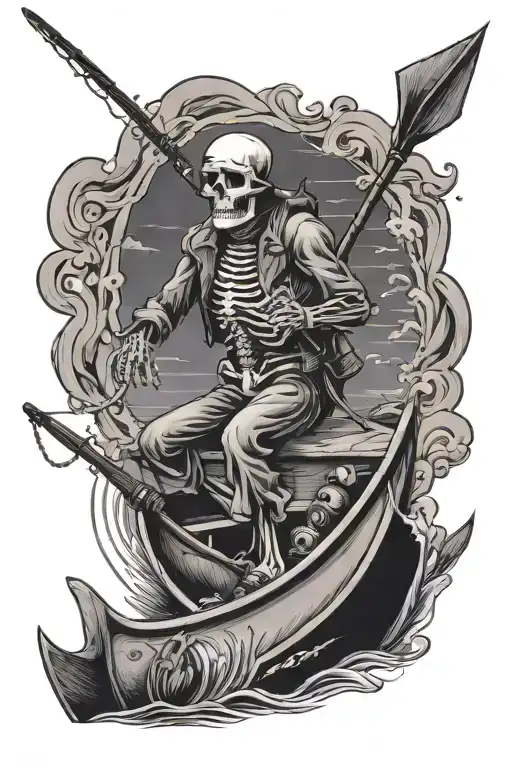 skeleton fisherman fishing from a boat floating tattoo design idea