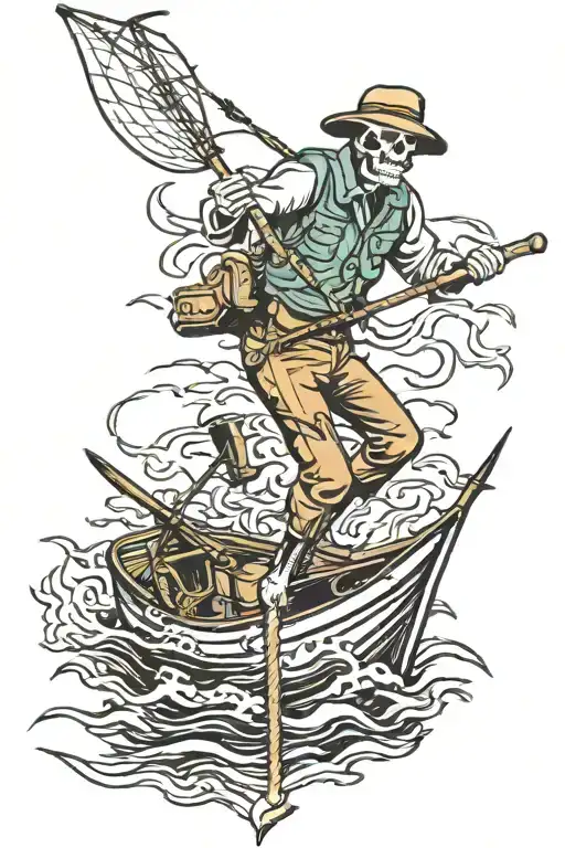 skeleton fisherman fishing from a boat floating tattoo design idea