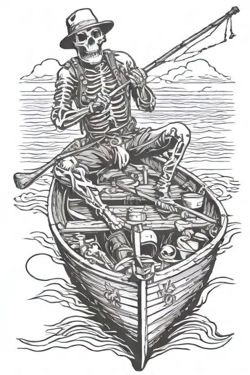 skeleton fisherman fishing while sitting in a boat tattoo design idea